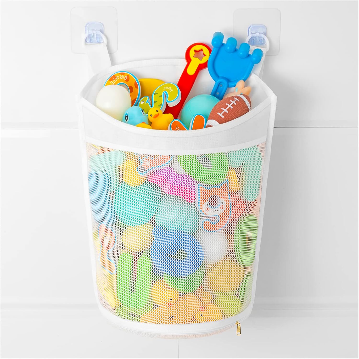 Large Mesh Bath Toy Organizer with Hanging Design and Zippered Bottom