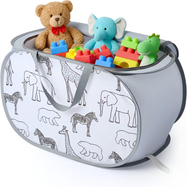Foldable Toy Storage Basket with Zippered Lid and Carry Handles