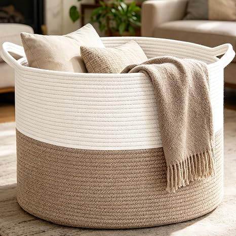 Woven Blanket and Plush Toy Storage Basket with Handles