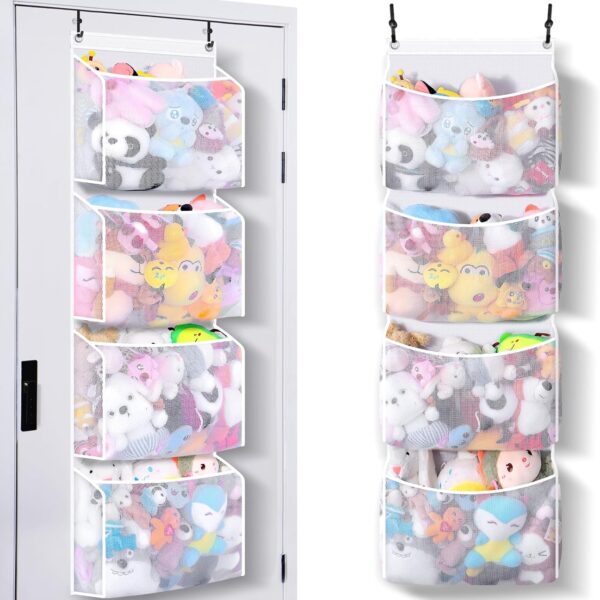 Over Door Stuffed Animal Organizer with Adjustable Hooks and Storage Layers
