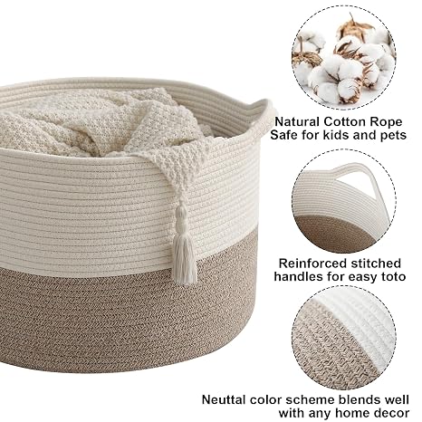 Woven Blanket and Plush Toy Storage Basket with Handles - Image 2